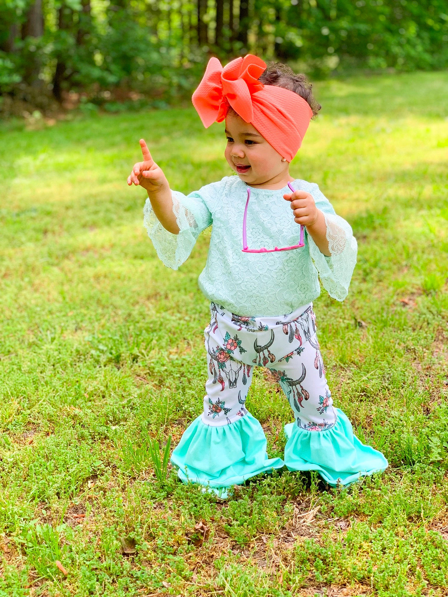 Amillia joined the competition — help win amazing prizes! child, costume, dress, fawn, grass, green, pattern, peach, people_in_nature, person, pink, plant, play, textile, toddler, yellow