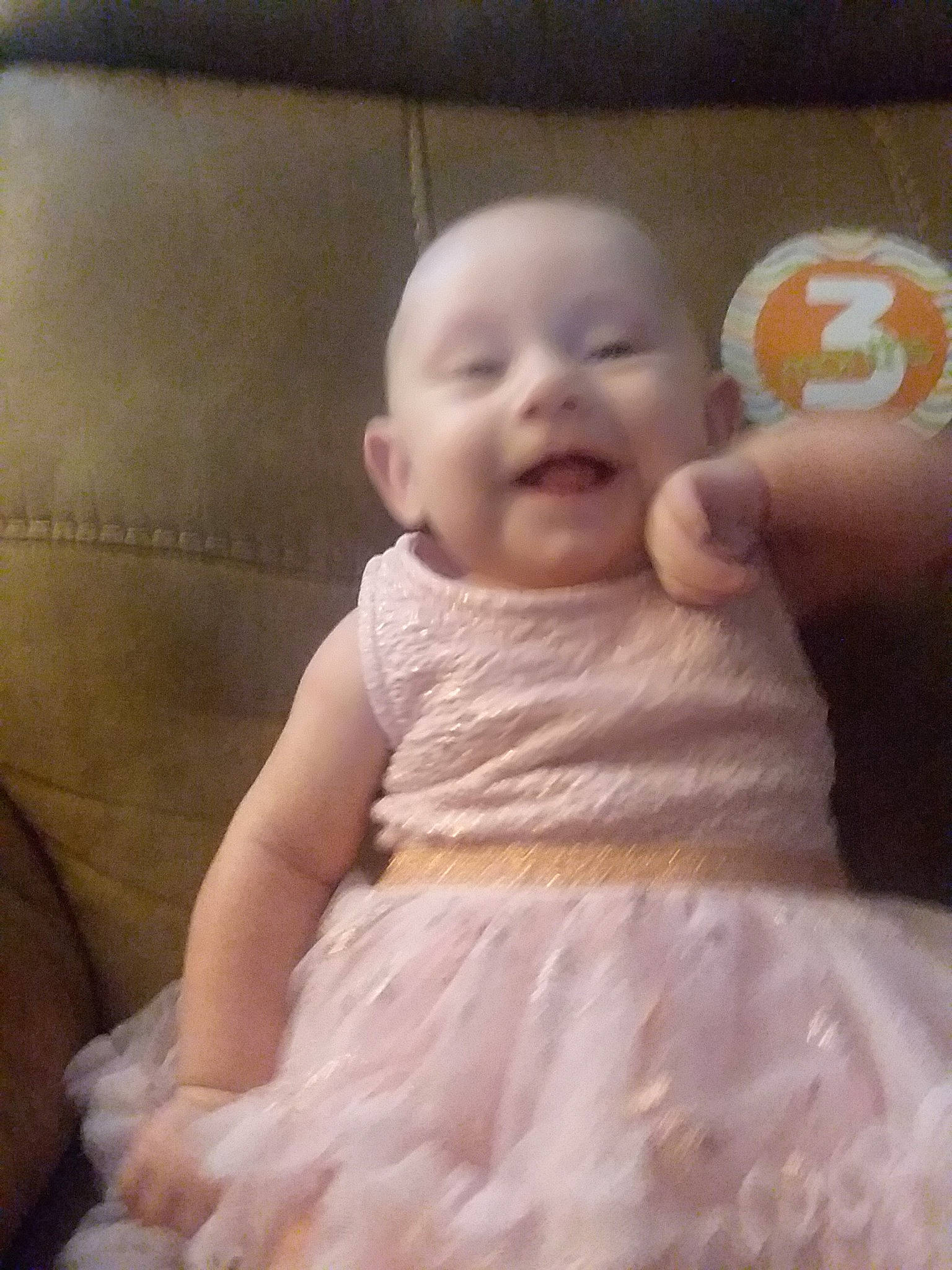 Aubree joined the competition — help win amazing prizes! baby, cheek, child, dress, face, head, person, skin, smile, toddler