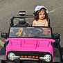 child, toddler, toy_car, pink, curly_hair, hat, sunny, outdoor, plush_toy, seatbelt, road, vehicle, play, summer_clothing, person, portrait, expression, daylight, sidewalk, license_plate