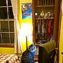 cat, tabby_cat, indoor, lamp, window, curtains, cabinet, trophies, medals, bed, quilt, furniture, yellow_wall, wooden_furniture, pet, curious_cat, lighting, home, room, table