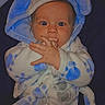 baby, infant, child, portrait, face, eyes, looking_at_camera, hand, bunny_outfit, hood, blue, white, blanket, clothing, indoor, dark_background, sitting, cute, date_text, photograph