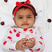 Amyra is registered to the contest to win money with this photo: baby, child, red_bow, headband, cherry_pattern, long_sleeve_shirt, white_blanket, fruit, cherries, hand, cute, infant, lying_down, playful, curious_expression, skin, face, portrait, one_person, indoors