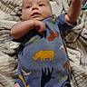 baby, infant, onesie, animal_print, blue_clothing, blanket, soft_texture, indoor, child, cute, reaching, lying_down, person, skin, face, arm, expression, newborn, cozy, comfortable