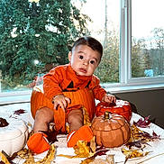 Noah joined the competition — help win amazing prizes! baby, pumpkin, orange_clothing, ceramic_pumpkin, autumn_leaves, indoors, window, fall, child, seasonal, cute, portrait, sitting, decor, holiday, table, leaf_litter, footwear, expression, natural_light
