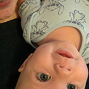 Theodore is registered to the contest to win money with this photo: baby, infant, onesie, blue_clothing, face, eyes, smile, adult, person, closeup, cute, child, skin, head, portrait, upside_down, happy, family, indoor, expression