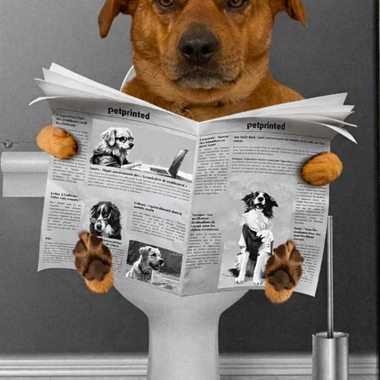 Simba participe au concours pour gagner de l'argent avec cette photo : animal, bathroom, comedy, dog, expression, funny, grayscale, humor, indoor, looking, mammal, newspaper, paw, pet, reading, sitting, surreal, toilet, toilet_brush, wood_floor