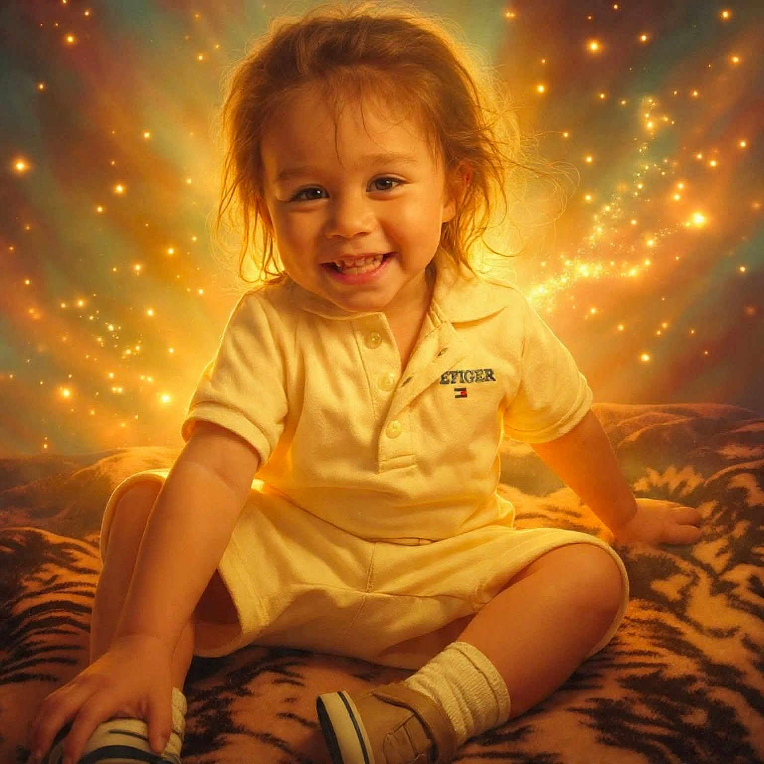 Kenji is registered to the contest to win money with this photo: blanket, child, cute, glow, hair, happy, indoor, pattern, playful, polo_shirt, portrait, shoes, shorts, sitting, smiling, socks, sparkles, tiger_pattern, toddler, yellow_clothing