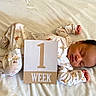 baby, newborn, sleeping, pajamas, animal_print, blanket, milestone_card, one_week, infant, cute, peaceful, soft_lighting, lying_down, indoors, portrait, child, sleep, small_hands, cozy, early_life