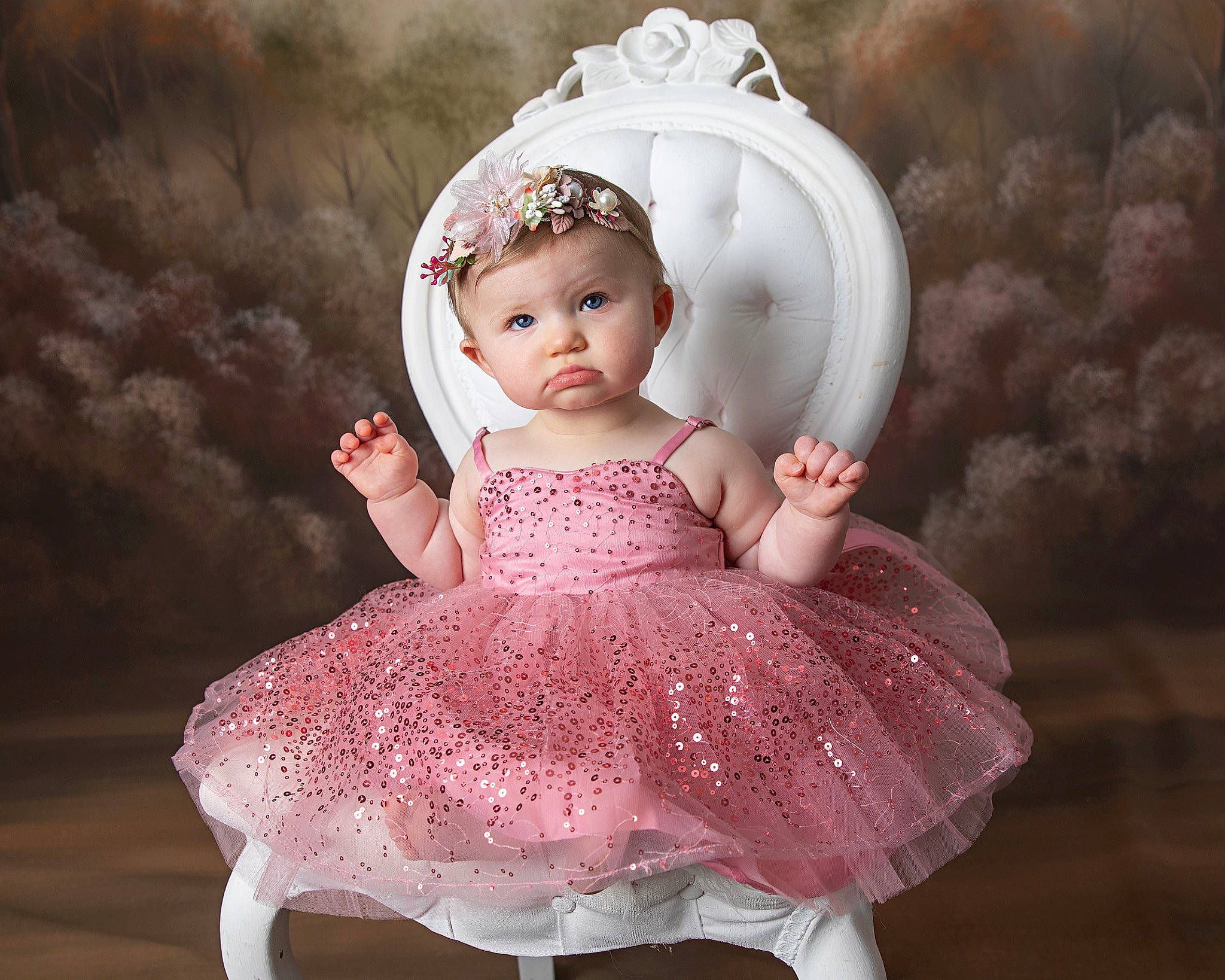 Caprianna is registered to the contest to win money with this photo: baby, baby_toddler_clothing, bridal_accessory, child, day_dress, dress, embellishment, eyelash, face, flash_photography, happy, head, headgear, headpiece, headwear, person, pink, ruffle, skin, sleeve