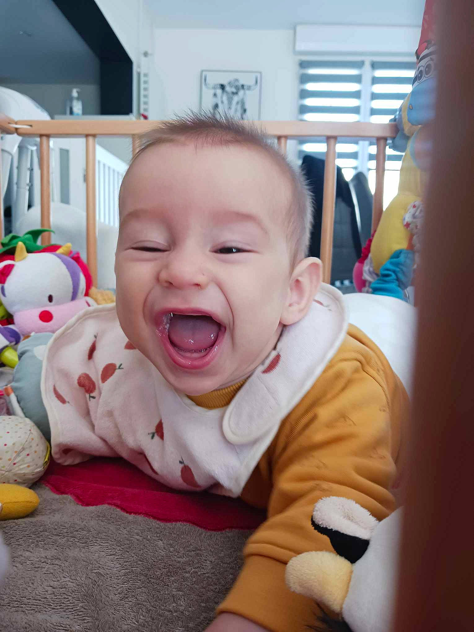 Neel participe au concours pour gagner de l'argent avec cette photo : baby, baby_products, baby_safety, baby_toddler_clothing, baby_toys, cheek, child, comfort, flooring, fun, happy, laugh, linens, mouth, person, room, sitting, smile, stuffed_toy, toddler