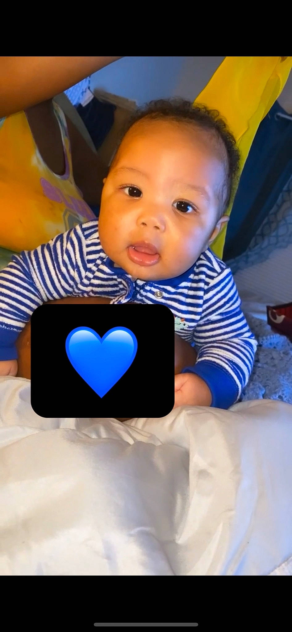 Carmelo joined the competition — help win amazing prizes! azure, baby, baby_toddler_clothing, cheek, child, comfort, electric_blue, eye, flash_photography, fun, hairstyle, happy, head, leisure, linens, mouth, person, sitting, smile, t_shirt