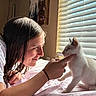 animal, bed, blinds, cat, cozy, curious, face, fur, gentle, hand, human, indoor, interaction, kitten, light, person, pet, smile, soft_light, window