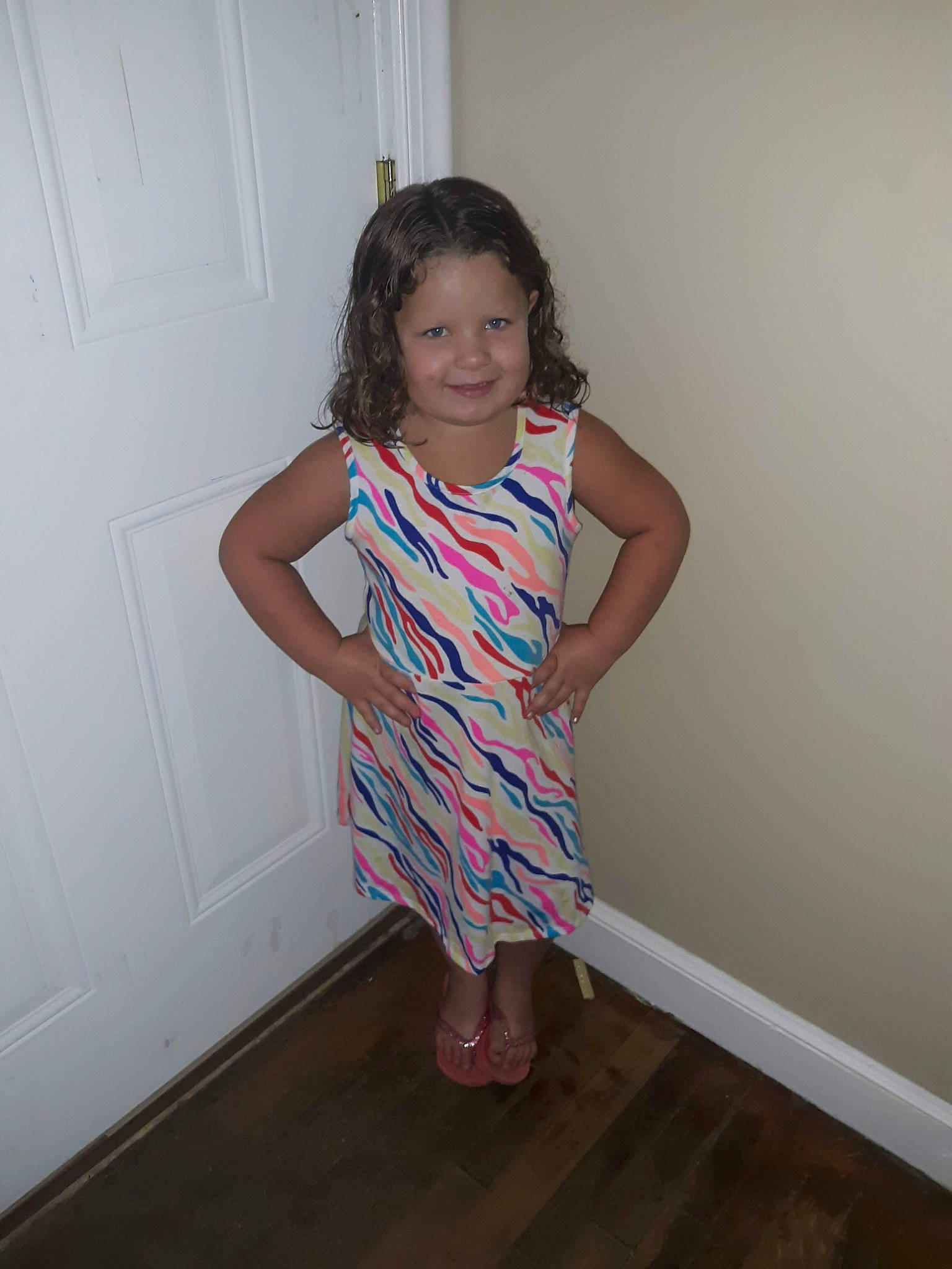 Ashlyn joined the competition — help win amazing prizes! arm, baby_toddler_clothing, day_dress, door, dress, flooring, hair, happy, hardwood, human_body, human_leg, joy, magenta, neck, one_piece_garment, person, sleeve, smile, standing, toddler