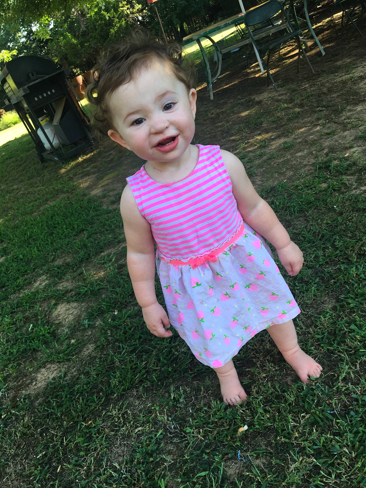 Athena is registered to the contest to win money with this photo: baby, baby_toddler_clothing, beauty, child, design, dress, garden, grass, lawn, pattern, person, pink, plant, play, skin, smile, summer, toddler, yard