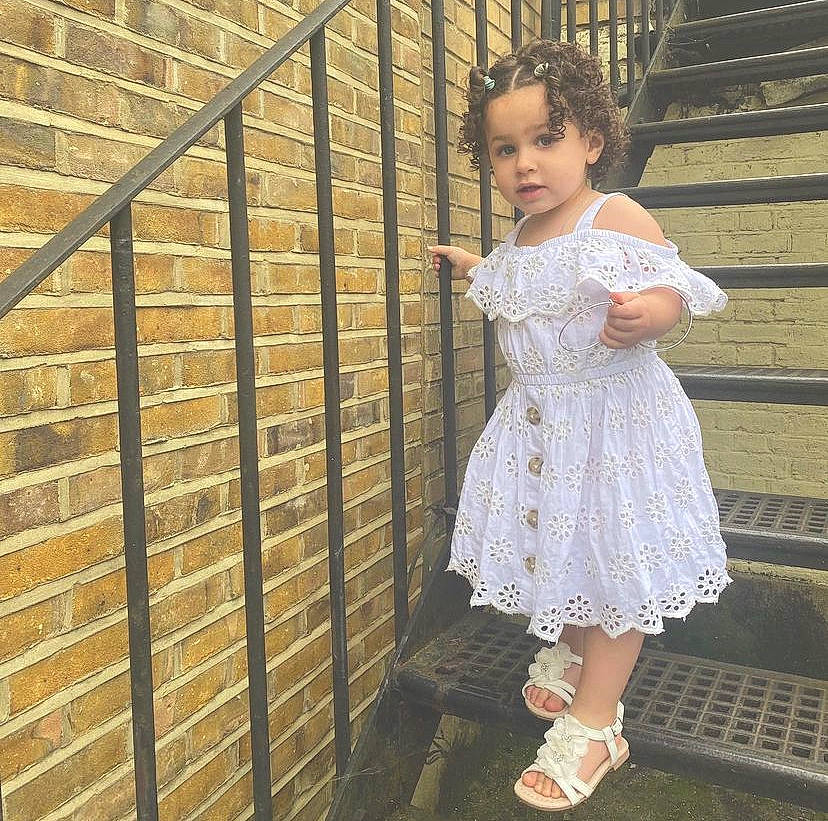 Mia is registered to the contest to win money with this photo: day_dress, dress, fashion_design, flash_photography, happy, human_leg, knee, one_piece_garment, pattern, people_in_nature, person, sandal, shoe, stairs, standing, street_fashion, textile, toddler, waist, wall