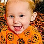 autumn, child, cute, face, fall, festive, happy, joyful, leaves, nature, orange_shirt, outdoor, person, pigtails, portrait, pumpkin_pattern, seasonal, smiling, toddler, young_child