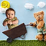 baby, teddy_bear, fabric, blanket, toy, child, clouds, sun, green_overalls, stroller, blue_background, cute, imaginative, soft_texture, handmade, playful, lying_down, childrens_toy, creative, portrait