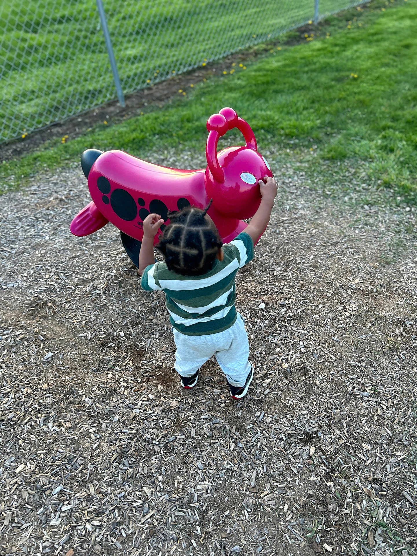 Jabrayden joined the competition — help win amazing prizes! toddler, child, playground, toy, red, outdoor, grass, woodchips, fence, green, person, back_view, clothing, sneakers, hairstyle, play, reaching, daylight, park, fun