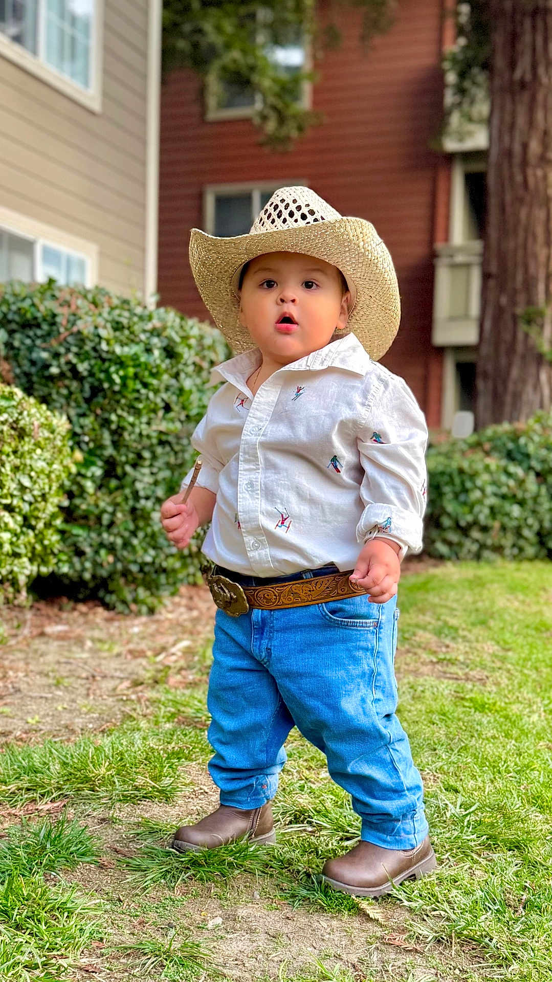 Christopher is registered to the contest to win money with this photo: child, boy, cowboy_hat, white_shirt, blue_jeans, boots, belt, outdoor, grass, shrubbery, building, tree, portrait, standing, cute, fashion, young_child, casual, nature, daylight