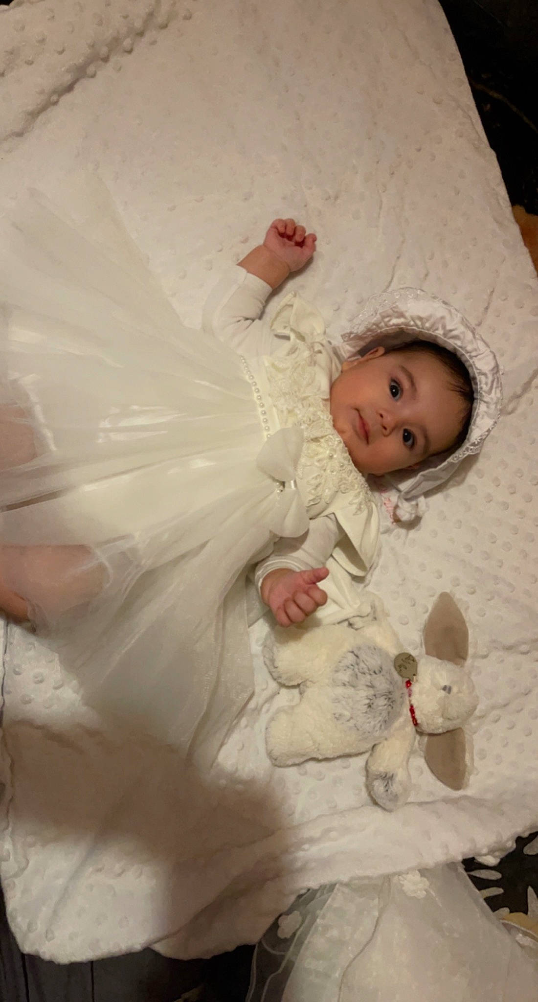 Amalia participe au concours pour gagner de l'argent avec cette photo : baby, baby_products, bed, bridal_accessory, bridal_clothing, child, comfort, embellishment, event, fashion_accessory, fur, gown, happy, linens, person, room, textile, toddler, toy, veil