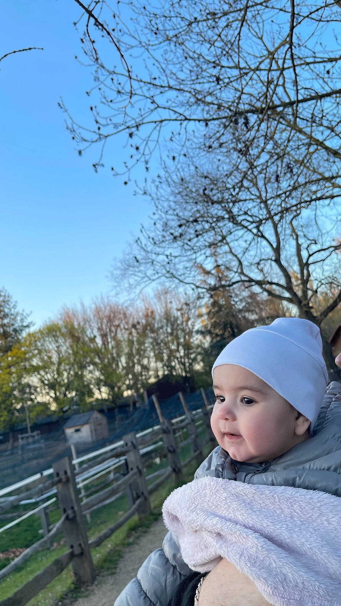 Amalia a rejoint le concours — aidez-le/la à gagner de superbes lots ! baby, baby_toddler_clothing, beanie, blossom, cap, child, fence, freezing, fun, grass, headwear, hoodie, knit_cap, leisure, person, plant, portrait_photography, sky, toddler, tree