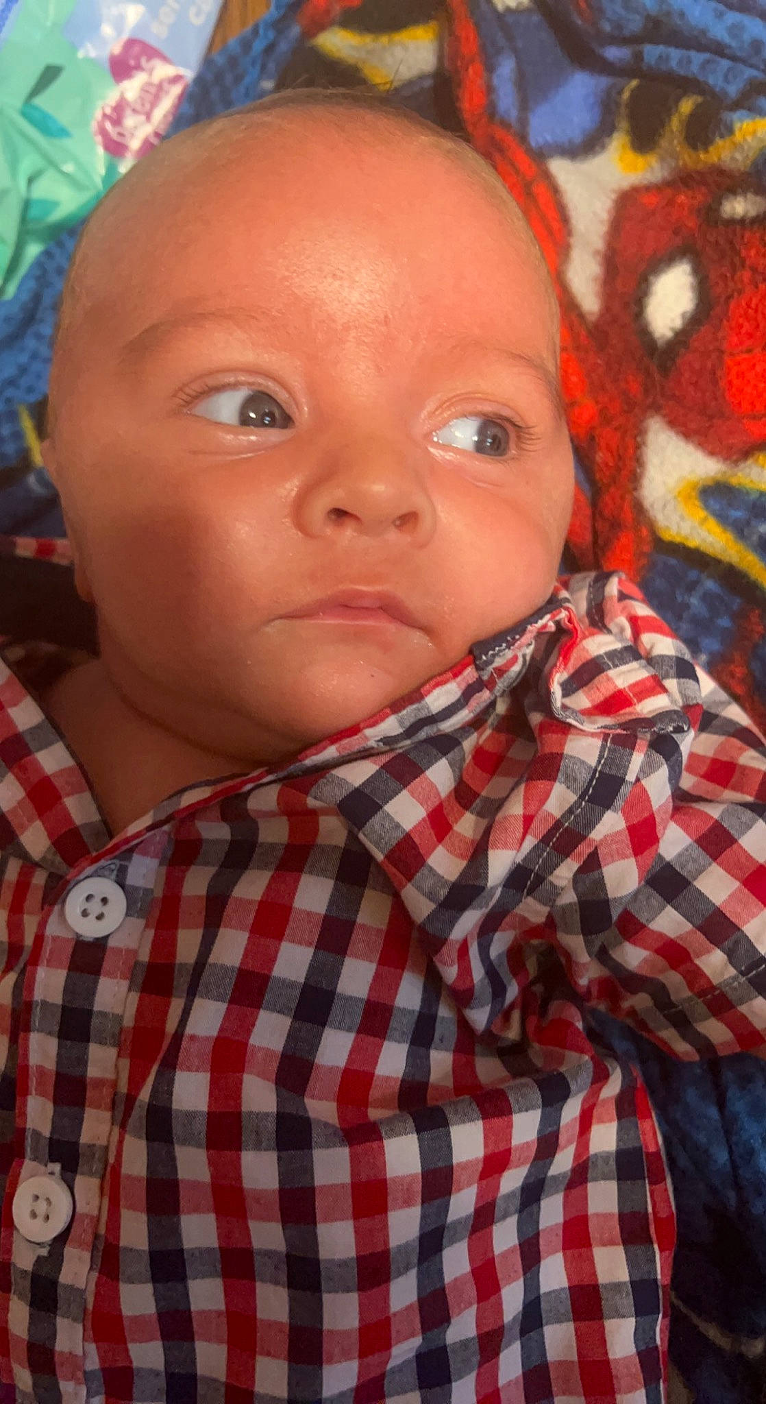 Maddox Lee Davis is registered to the contest to win money with this photo: baby, cheek, child, chin, close_up, doll, eyebrow, eyelash, forehead, iris, lip, mouth, nose, pattern, person, plaid, skin, tartan, textile, toddler
