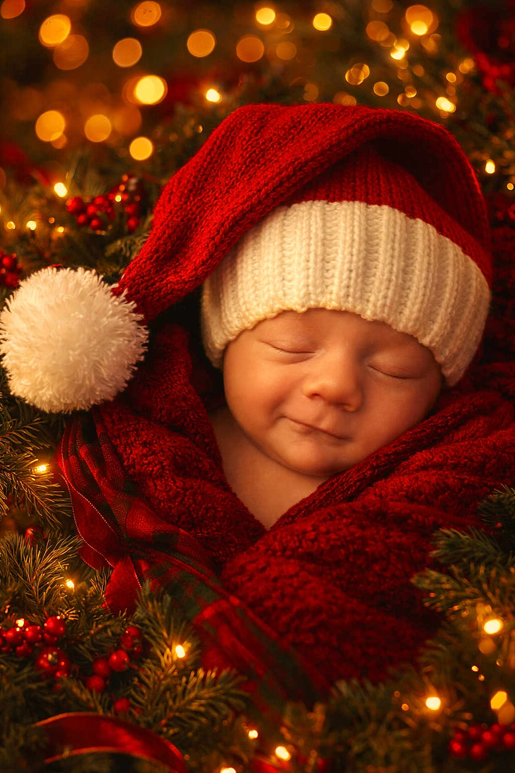 Joseph joined the competition — help win amazing prizes! baby, sleeping, red_hat, knit_hat, blanket, christmas_lights, holiday, festive, greenery, red_berries, warm_lighting, cozy, portrait, newborn, smiling, face, closeup, christmas_decor, soft_texture, holiday_season