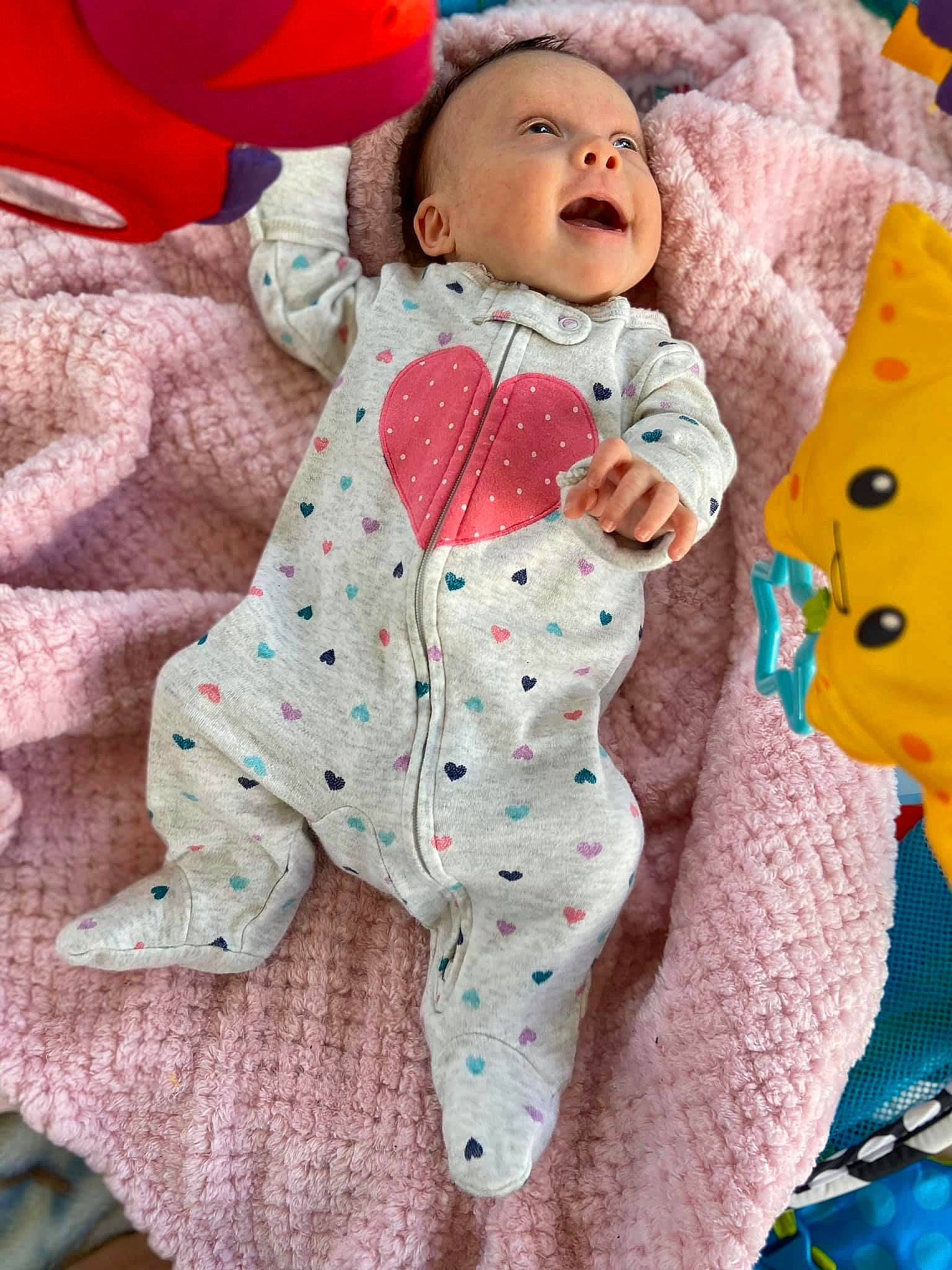 Poppy joined the competition — help win amazing prizes! baby, child, linens, pattern, person, pink, play, smile, textile, toddler