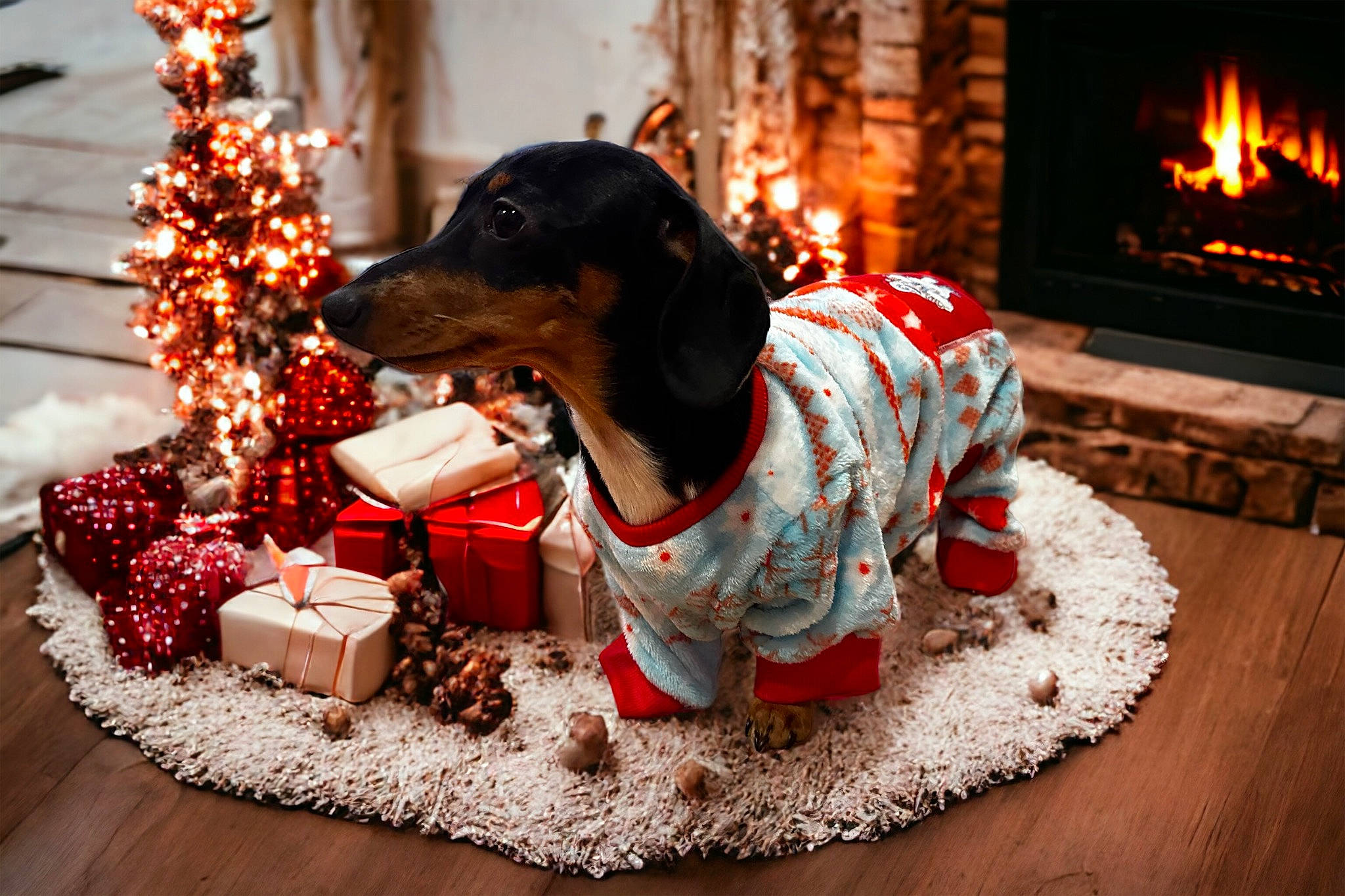 Dixie is registered to the contest to win money with this photo: carnivore, christmas, christmas_decoration, christmas_eve, christmas_ornament, christmas_tree, companion_dog, dog, dog_breed, dog_supply, event, fawn, fireplace, gas, heat, holiday, interior_design, red, toy, tradition