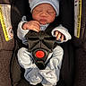 Elijah is registered to the contest to win money with this photo: baby, beanie, car_seat, clothing, cozy, face, family, hands, harness, hat, indoors, infant, mittens, newborn, onesie, portrait, red_buckle, safety_seat, sleeping, vehicle