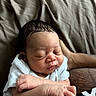 Elijah is registered to the contest to win money with this photo: arms, baby, bed, blanket, closeup, clothing, eyes_closed, face, hair, hands, indoors, infant, newborn, onesie, parent, peaceful, portrait, resting, skin, sleeping