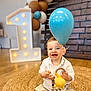 Elio participe au concours pour gagner de l'argent avec cette photo : child, baby, smiling, balloon, blue_balloon, number_one, marquee_light, birthday, celebration, toy, teether, wooden_beads, woven_rug, indoor, portrait, happy, blurred_background, wooden_wall, first_birthday, cute