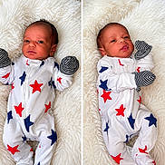Eliam is registered to the contest to win money with this photo: baby, newborn, onesie, mittens, stars, white_blanket, infant, portrait, cute, sleepwear, striped_mittens, two_images, composite_photo, lying_down, soft_texture, child, small_face, red_stars, blue_stars, cozy
