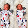 baby, newborn, onesie, mittens, stars, white_blanket, infant, portrait, cute, sleepwear, striped_mittens, two_images, composite_photo, lying_down, soft_texture, child, small_face, red_stars, blue_stars, cozy
