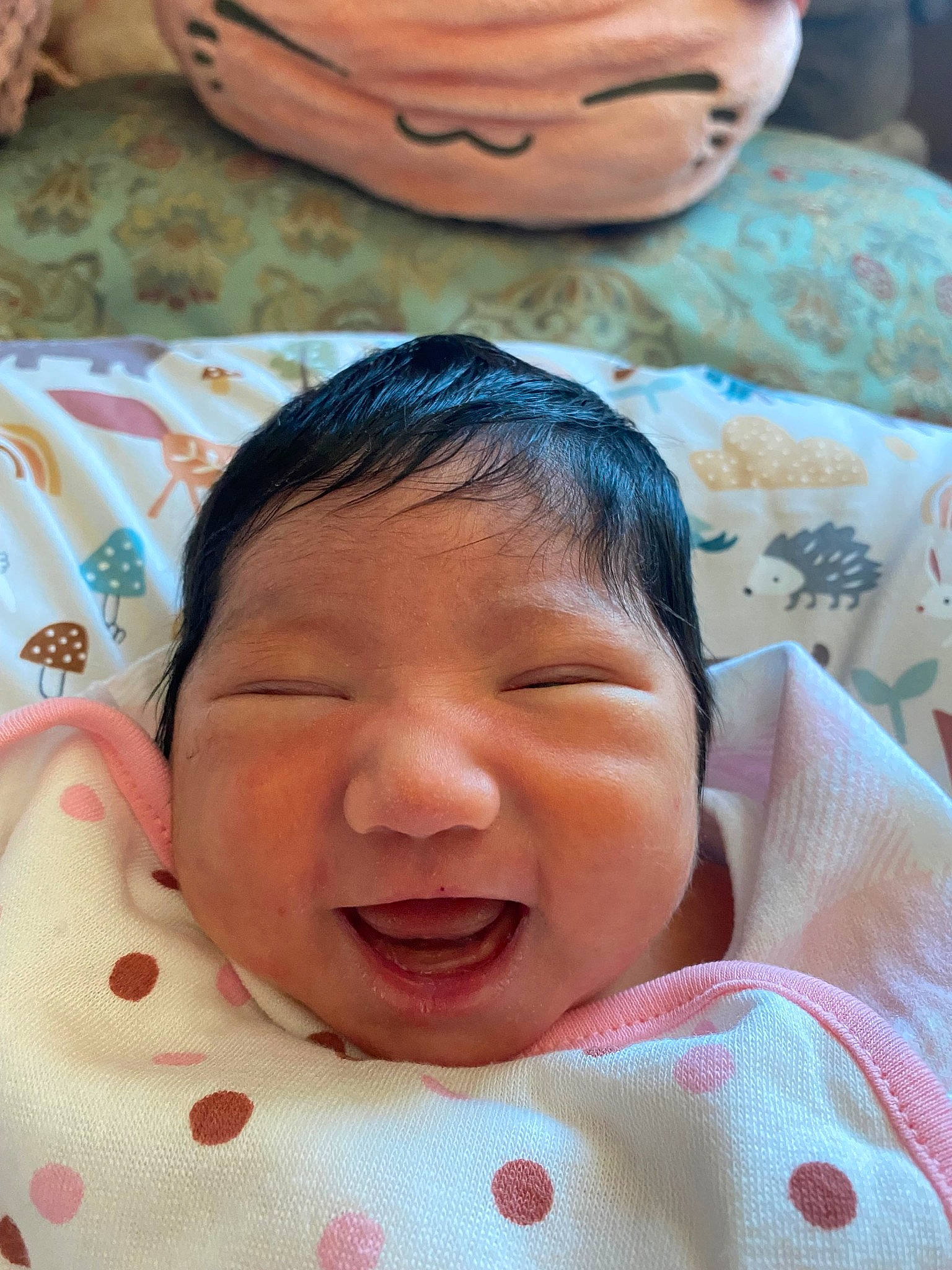 Amelia Rose is registered to the contest to win money with this photo: baby, cheek, child, chin, comfort, eyebrow, forehead, hair, happy, head, iris, linens, lip, mouth, nose, person, pink, skin, smile, textile