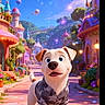 Nuke joined the competition — help win amazing prizes! dog, cartoon, animated, standing, smiling, portrait, camouflage_shirt, fantasy_city, colorful, street, castle, balloons, sparkles, flowers, buildings, outdoor, daylight, blue_sky, whimsical, digital_art