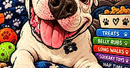 Nuke joined the competition — help win amazing prizes! dog, bulldog, illustration, cartoon, white_dog, happy, tongue_out, large_nose, floppy_ears, collar, dog_tag, pet_toys, tennis_balls, dog_treats, pet_bed, blanket, books, home_interior, good_boy, colorful