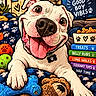 blanket, books, bulldog, cartoon, collar, colorful, dog, dog_tag, dog_treats, floppy_ears, good_boy, happy, home_interior, illustration, large_nose, pet_bed, pet_toys, tennis_balls, tongue_out, white_dog