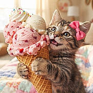 Isabelle joined the competition — help win amazing prizes! animal, bedroom, blanket, cat, close_up, cute, dessert, fluffy, food, ice_cream, indoor, kitten, pet, pink_bow, playful, portrait, sprinkles, strawberry, vanilla, waffle_cone