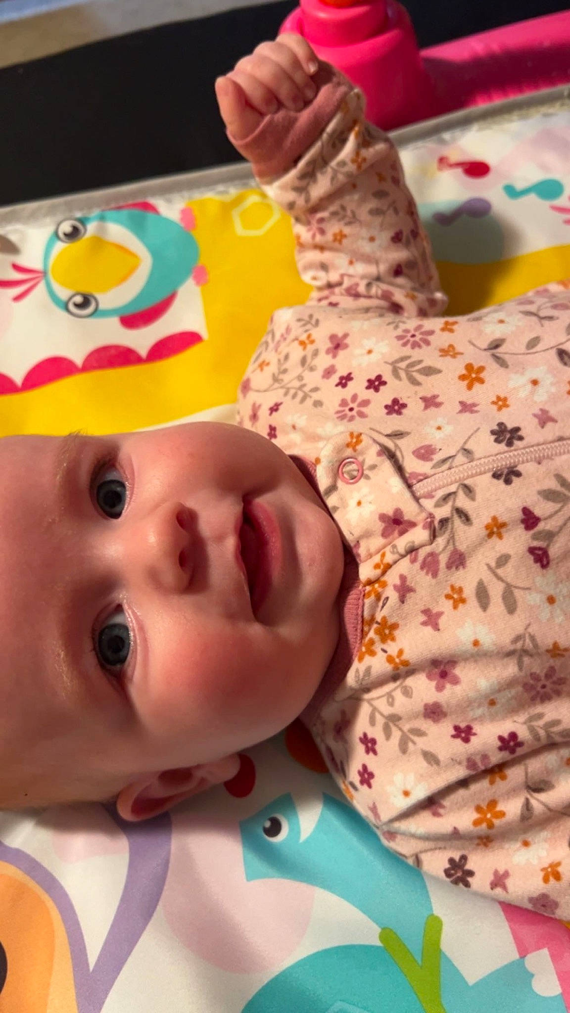 Isla joined the competition — help win amazing prizes! baby, baby_products, baby_toddler_clothing, cheek, child, eye, eyelash, face, facial_expression, fun, happy, head, nose, pattern, person, pink, skin, smile, sweetness, toddler