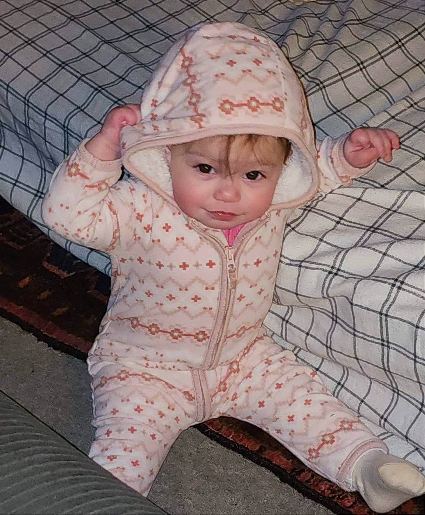 Sophia Eloise joined the competition — help win amazing prizes! baby, baby_toddler_clothing, beauty, cap, cheek, child, dress, eye, face, finger, flooring, head, headwear, human_body, lip, nose, pattern, person, pink, sleeve