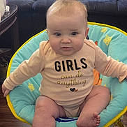 Paisley is registered to the contest to win money with this photo: baby, child, onesie, sitting, face, expression, indoor, cushion, seat, furniture, floor, wood_floor, person, clothing, cute, pink, blue, yellow, home, portrait