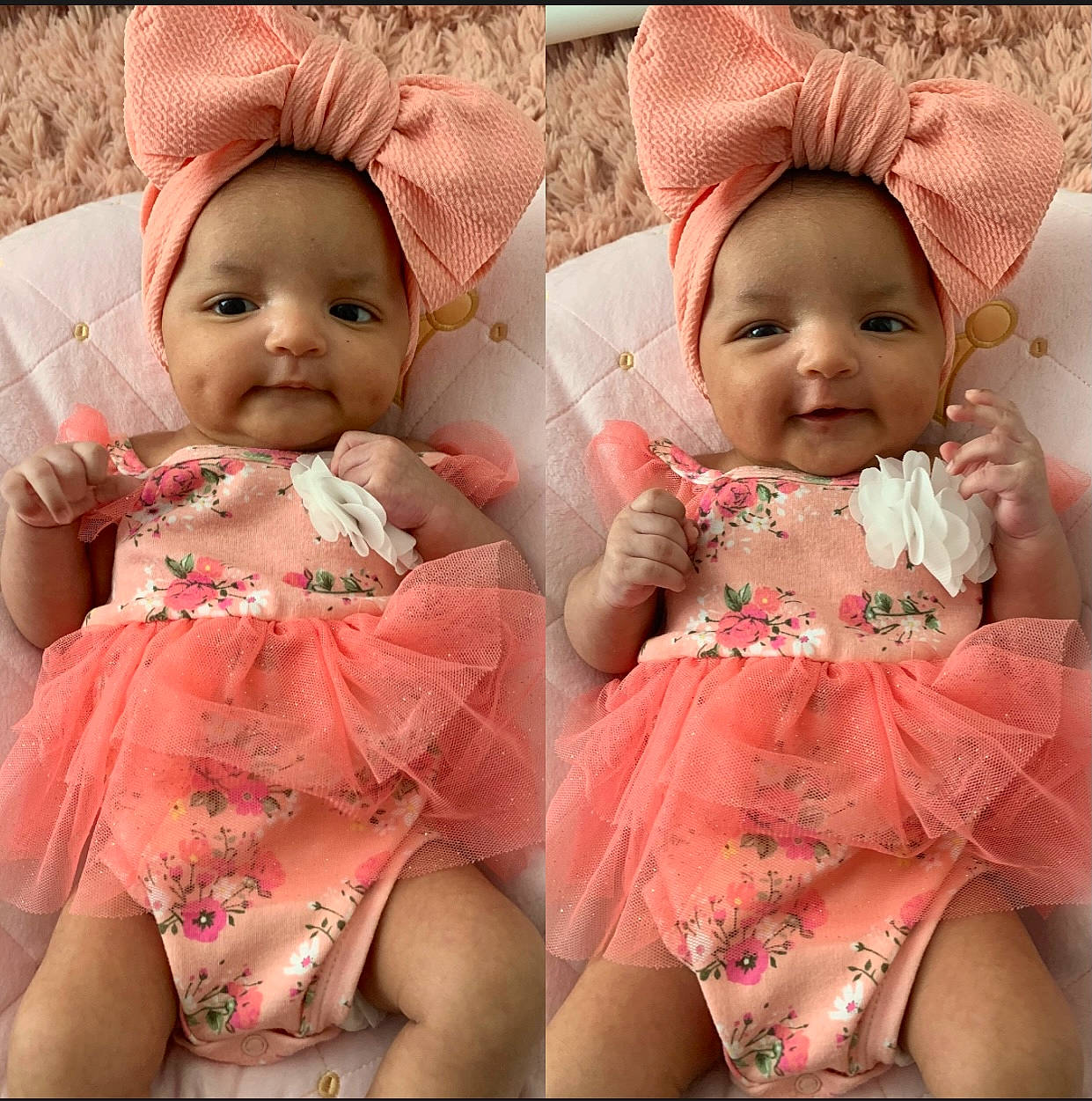 Alyssia joined the competition — help win amazing prizes! baby, baby_toddler_clothing, cap, cheek, dress, eye, face, finger, happy, head, interaction, joy, lip, mouth, organ, person, photograph, pink, product, skin