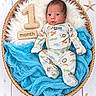 baby, newborn, infant, portrait, basket, blanket, blue_fabric, starfish, wooden_background, one_month, pajamas, animal_pattern, lying_down, baby_photography, studio_photo, fluffy_texture, smiling, face, cozy, nautical_theme