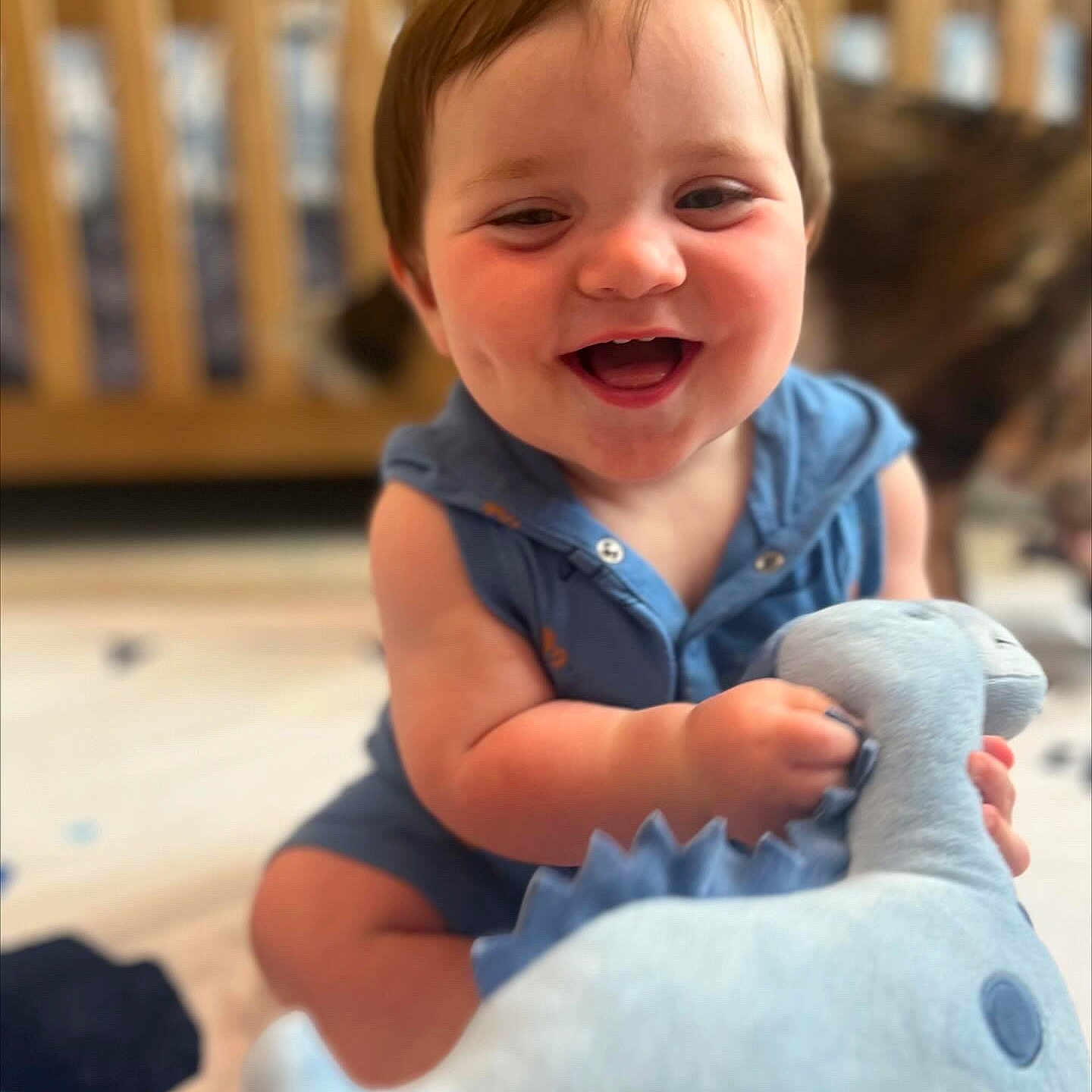 Maxwell joined the competition — help win amazing prizes! baby, babylaughing, clothing, crib, dress, face, furniture, happy, head, indoors, infantbed, jeans, laughing, pants, person, photography, portrait, smile