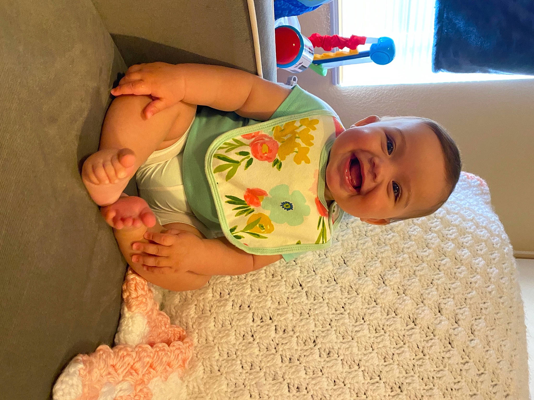 Luella joined the competition — help win amazing prizes! baby, baby_laughing, baby_products, baby_toddler_clothing, bedtime, cheek, child, comfort, face, finger, fun, happy, leisure, linens, mouth, nose, person, room, skin, smile