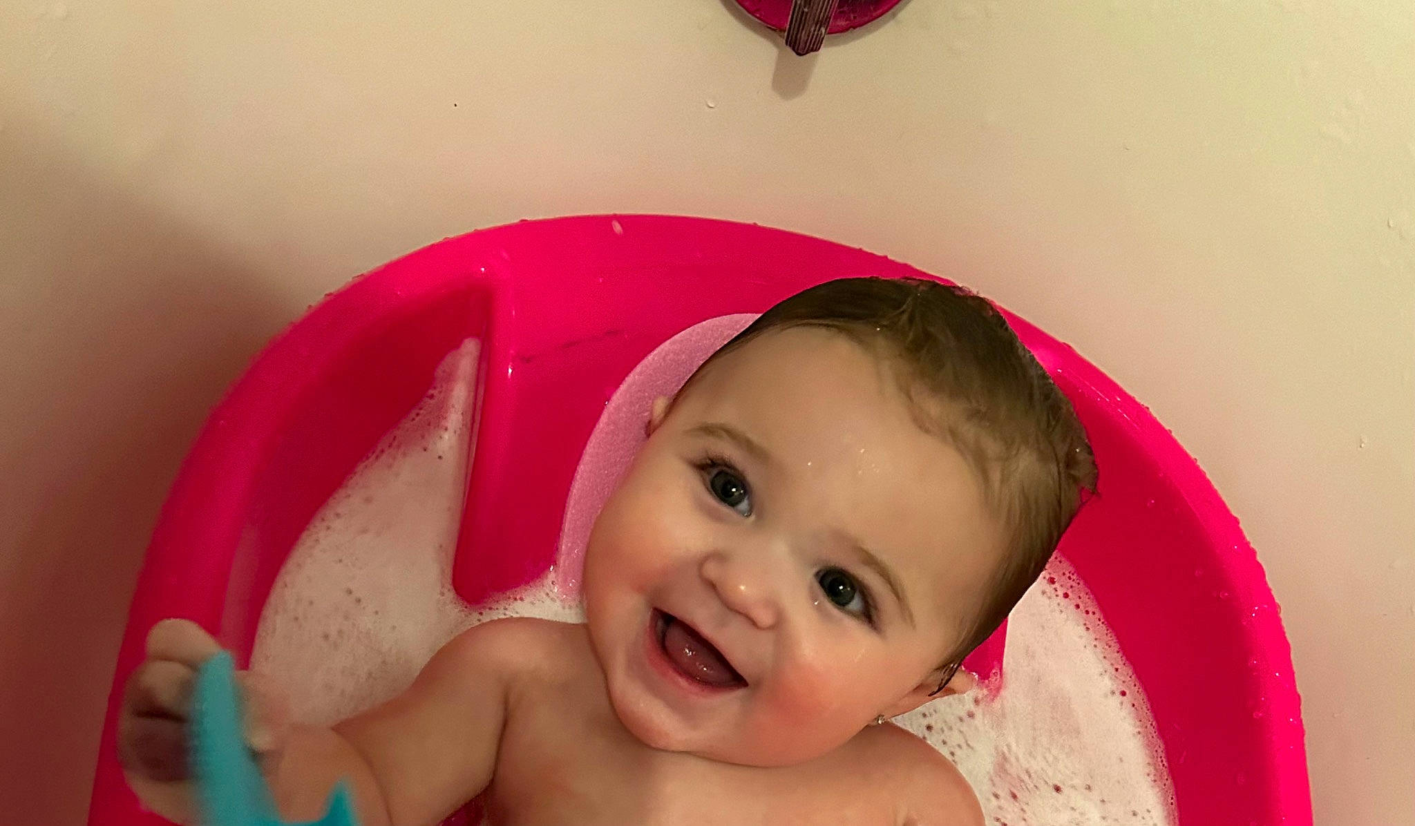 Azlynn joined the competition — help win amazing prizes! baby, baby_bathing, bathing, cheek, ear, eyebrow, eyelash, fun, happy, headgear, headpiece, joy, leisure, lip, magenta, nose, person, pink, red, skin