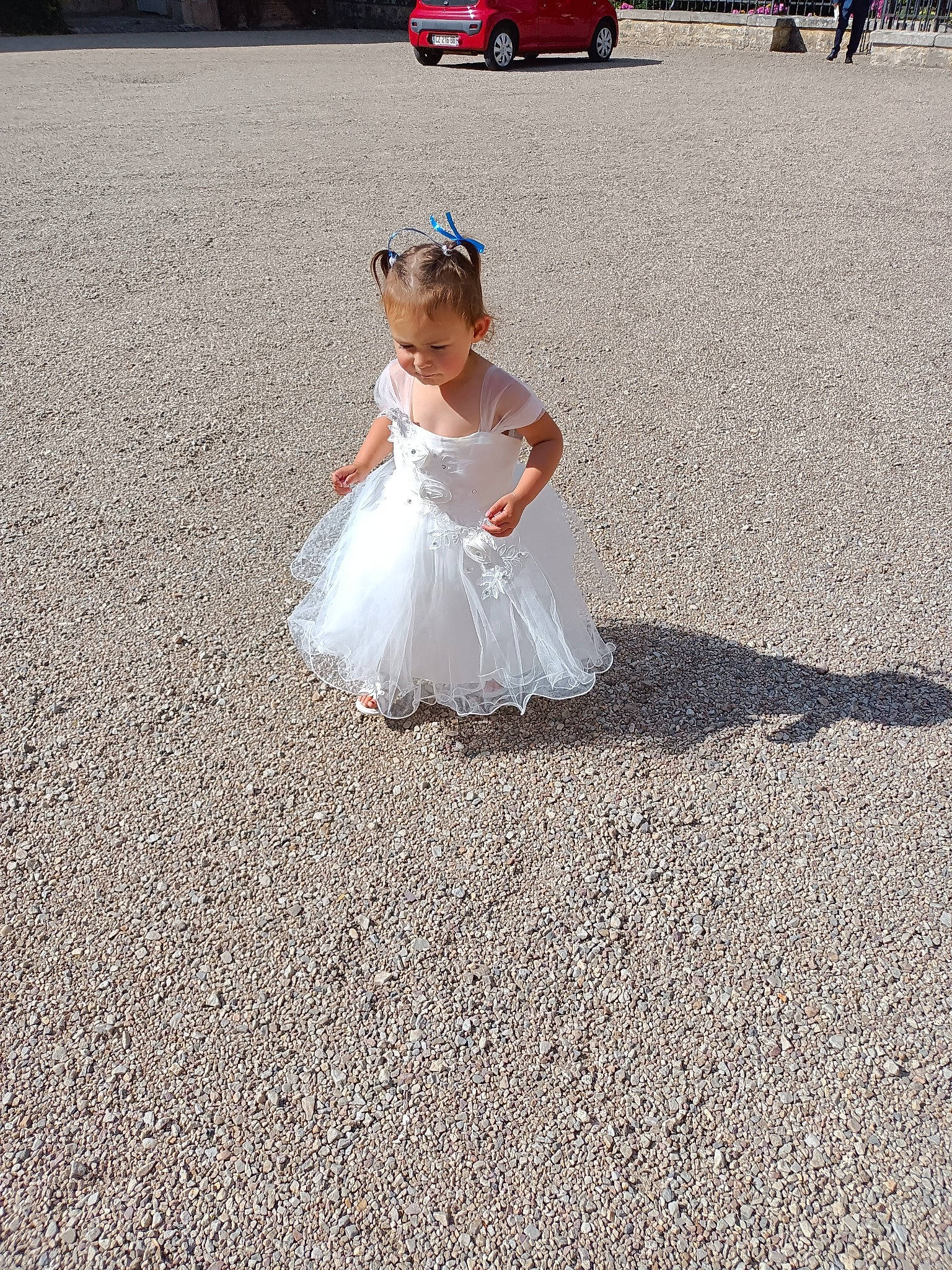 Myla participe au concours pour gagner de l'argent avec cette photo : asphalt, car, child, dress, event, flooring, grass, happy, landscape, people_in_nature, person, petal, photograph, road, road_surface, tire, toddler, tree, van, wedding_dress