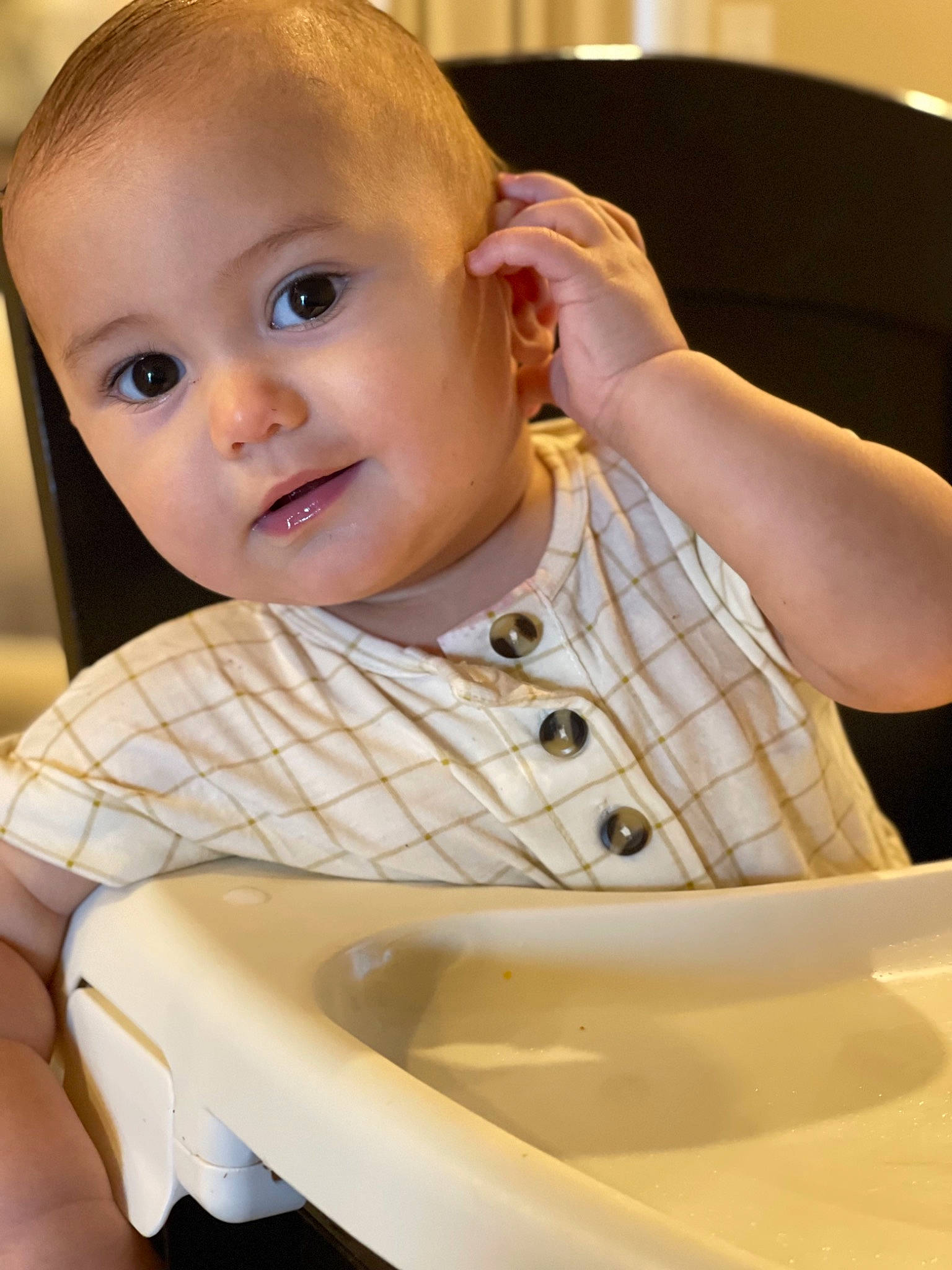 Clark joined the competition — help win amazing prizes! baby, baby_toddler_clothing, cheek, chin, collar, dress_shirt, eye, eyebrow, facial_expression, fun, head, iris, mouth, nose, person, sitting, skin, sleeve, standing, tableware