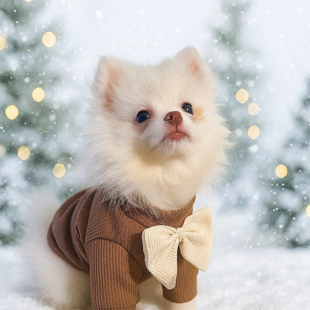 Paxton is registered to the contest to win money with this photo: adorable, animal, bokeh, bow, christmas_trees, cold_weather, cute, dog, festive, fluffy, outdoor, pet, pomeranian, puppy, seasonal, small_dog, snow, sweater, white_fur, winter